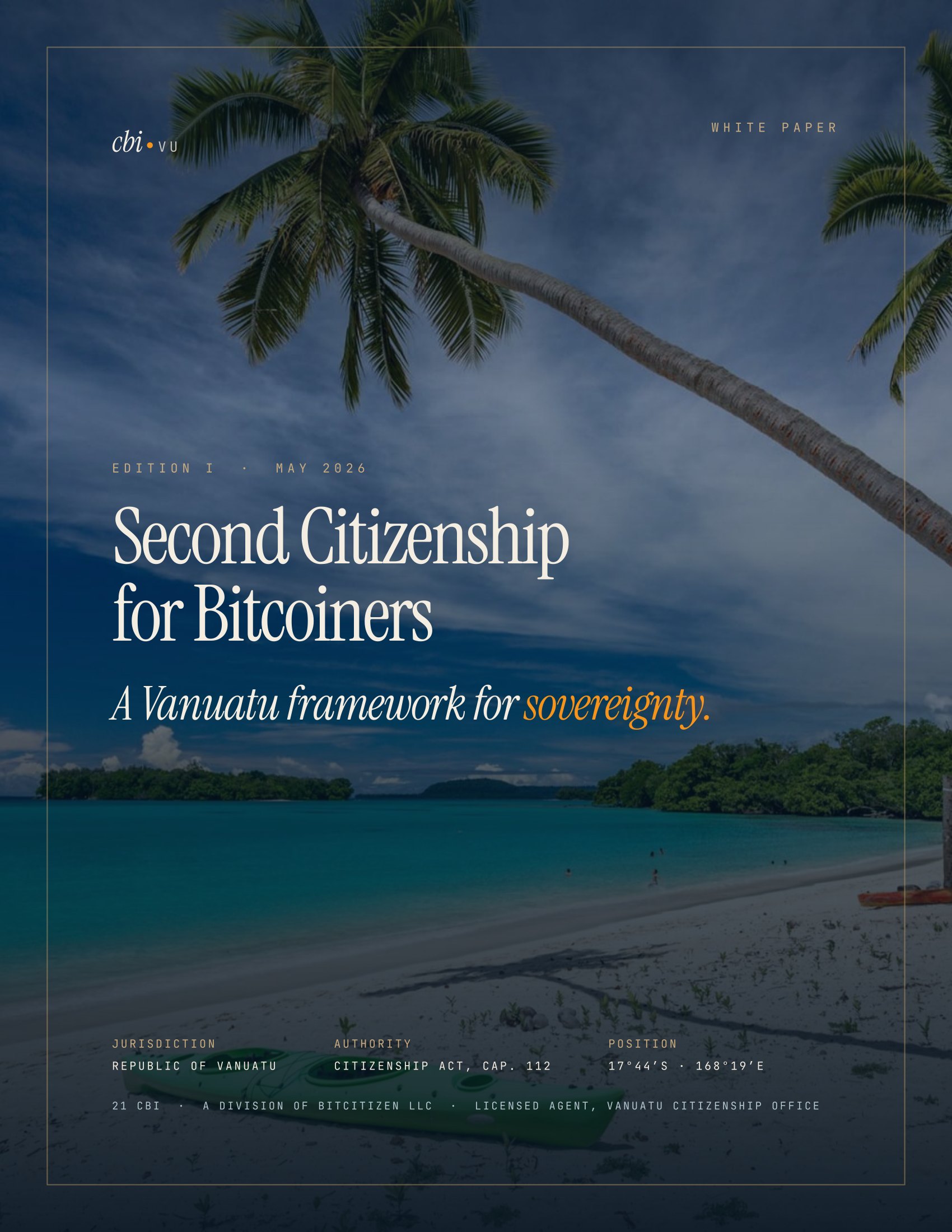 The cover of the cbi.vu field guide, Second Citizenship for Bitcoiners, a Vanuatu framework for sovereignty, set over a Pacific lagoon.